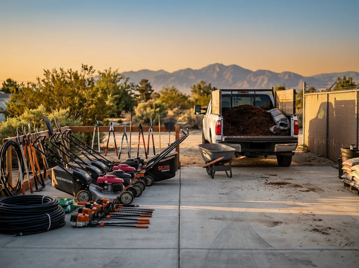 Landscaping crew with professional equipment and tools ready for lawn maintenance and irrigation work.