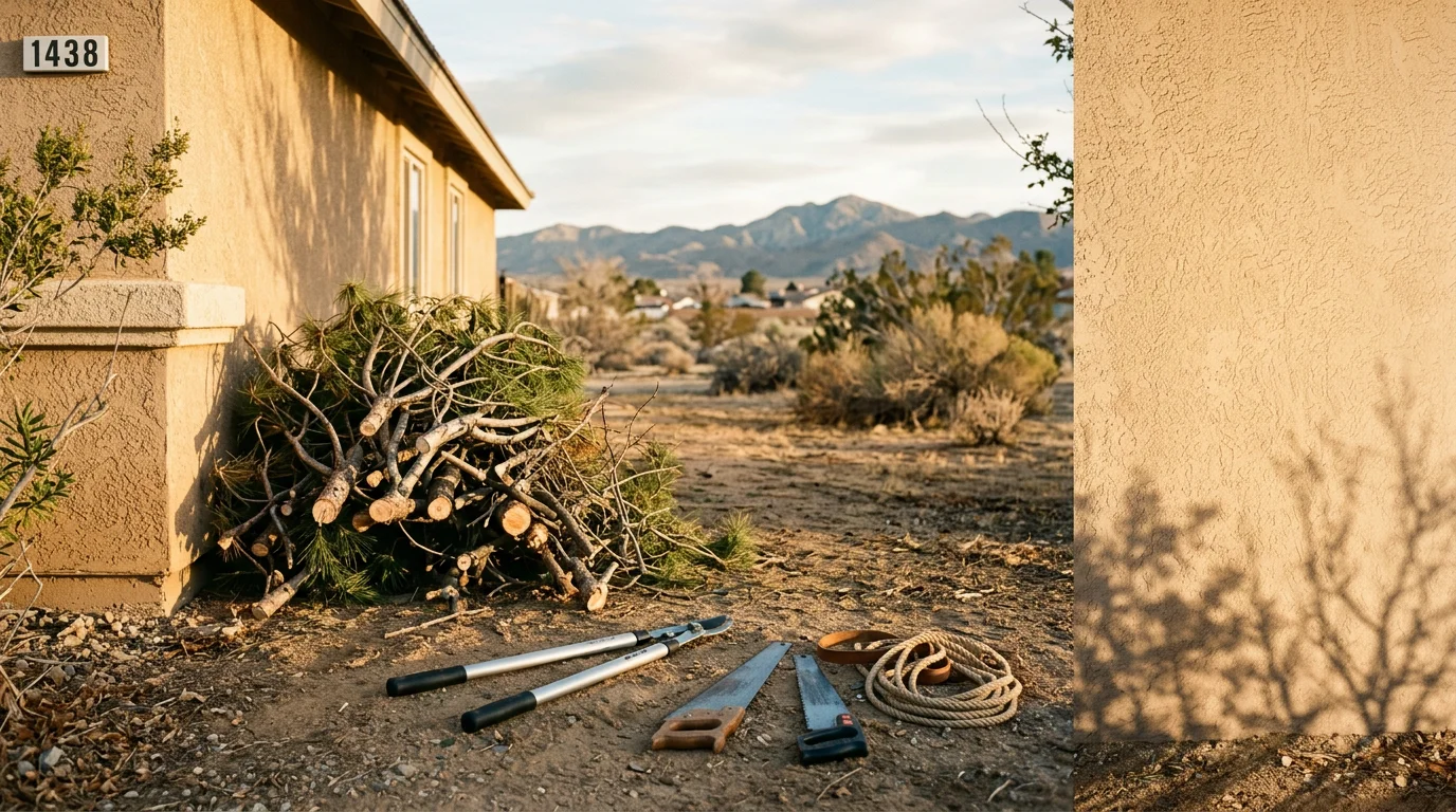 Professional arborist trimming tree branches with safety equipment