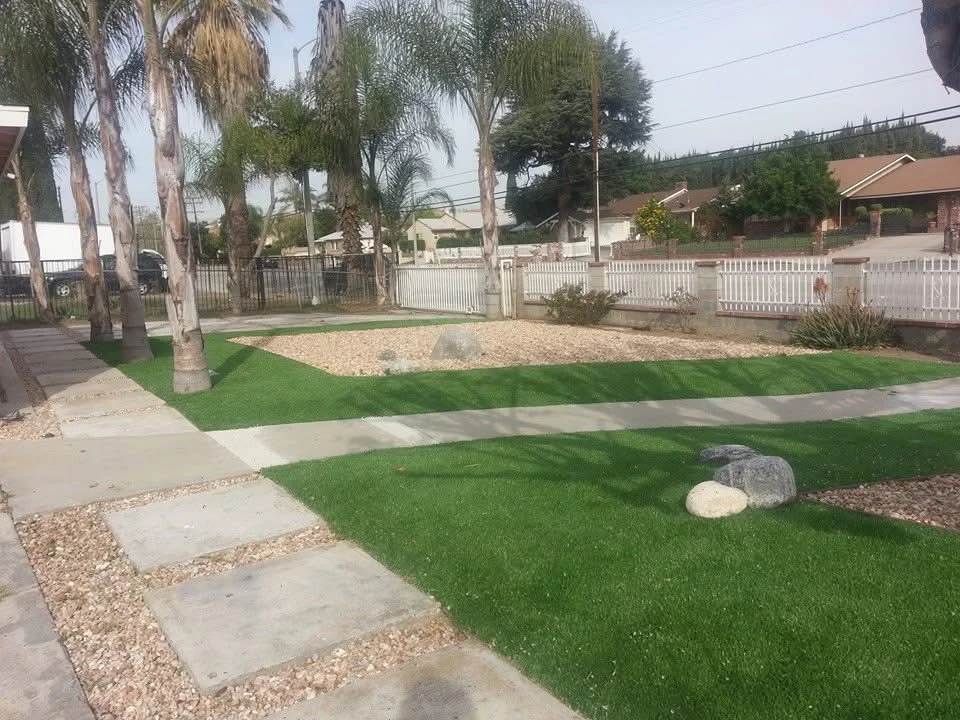 New sod lawn with stepping stones, gravel beds, and mature palm trees in residential yard