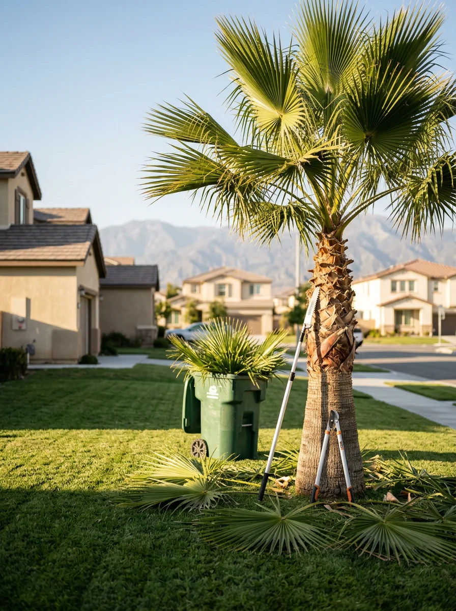 A palm tree being trimmed in a Fontana residential yard, with a newer master-planned neighborhood and mountain views visible in the background.