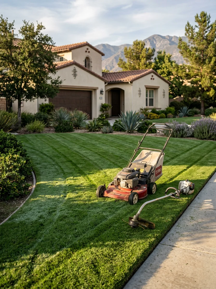 A lawn maintenance crew mowing and edging a residential yard in an Etiwanda subdivision in Rancho Cucamonga, with a newer Spanish-style home visible behind the turf area.