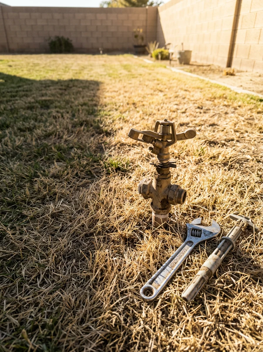 A sprinkler head being repaired in a Rialto residential yard, with dry summer turf and a block wall fence visible in the background.