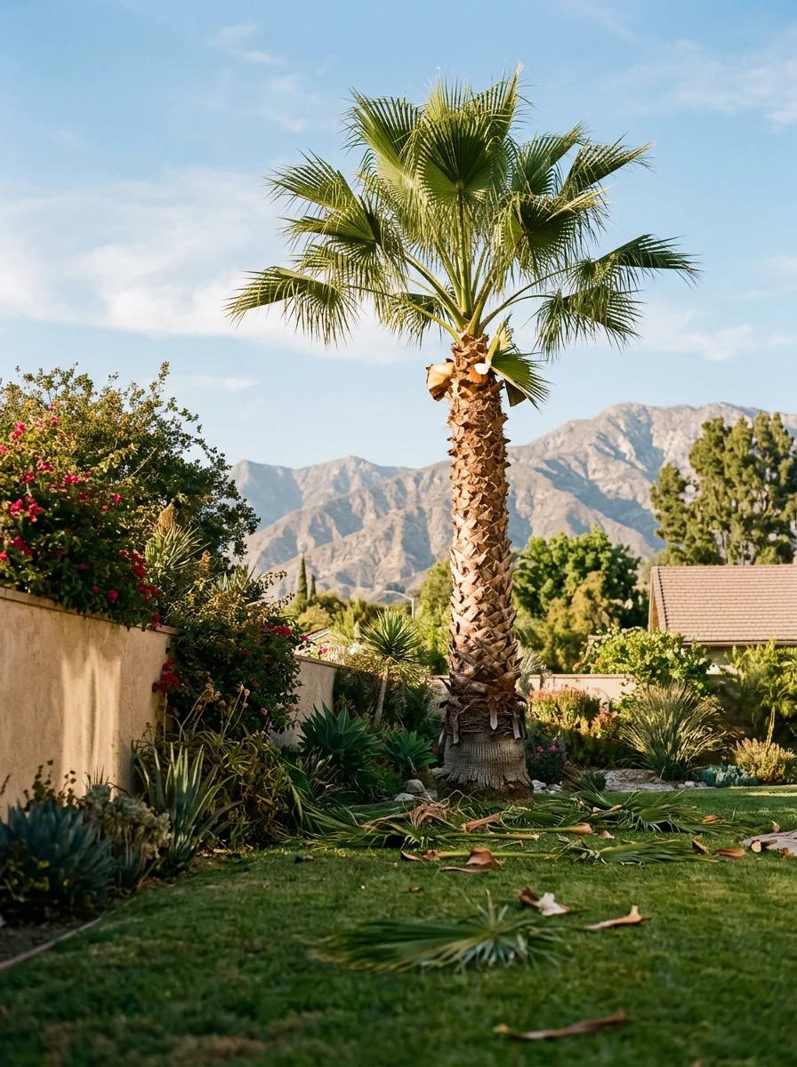 A tall palm tree being trimmed in an Upland, CA backyard, with the San Gabriel Mountains visible in the background and a green residential lawn in the foreground.