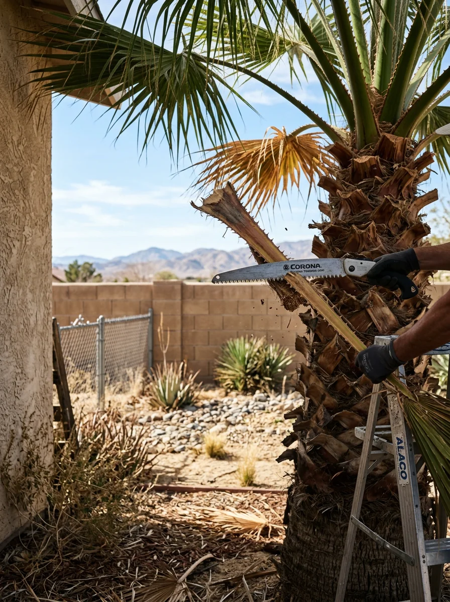 Close-up of a palm tree being trimmed in a Victorville backyard, with dry desert terrain and a block wall fence visible in the background.