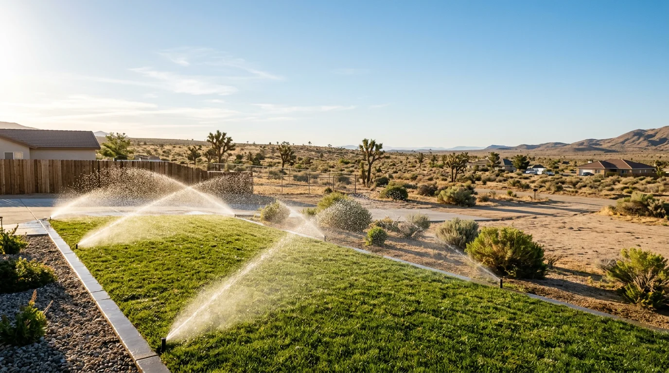 A residential lawn in Victorville, CA with a sprinkler system running in the early morning, surrounded by desert landscape and wide open lots under a clear blue sky.