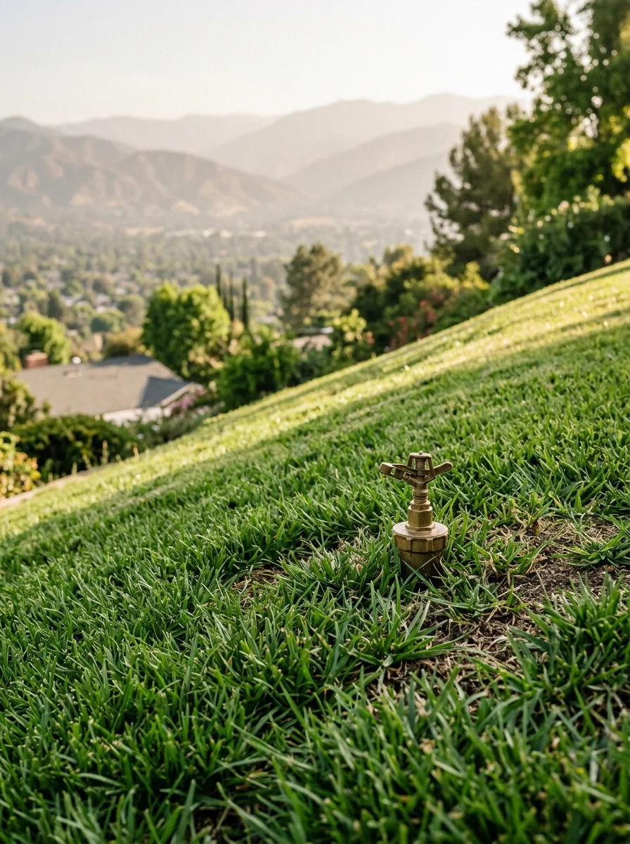 A hillside yard in the South Hills area of West Covina with green turf on a sloped lot, a sprinkler head visible in the grass, and the San Gabriel Valley visible in the distance.