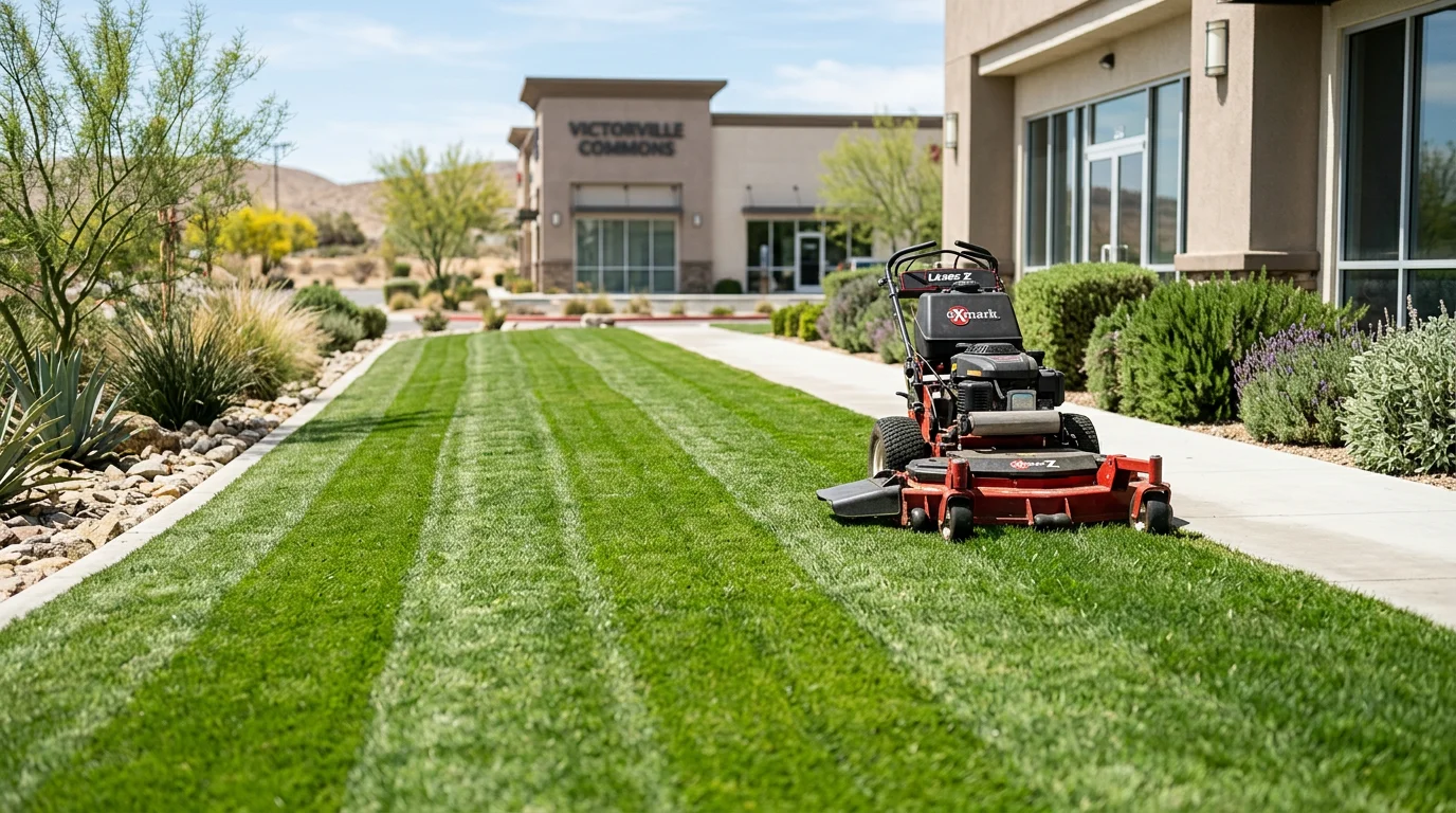 A neatly mowed and edged commercial lawn at a Victorville business property on a clear sunny day. Trimmed turf lines run along a clean walkway with no debris visible on the grounds.