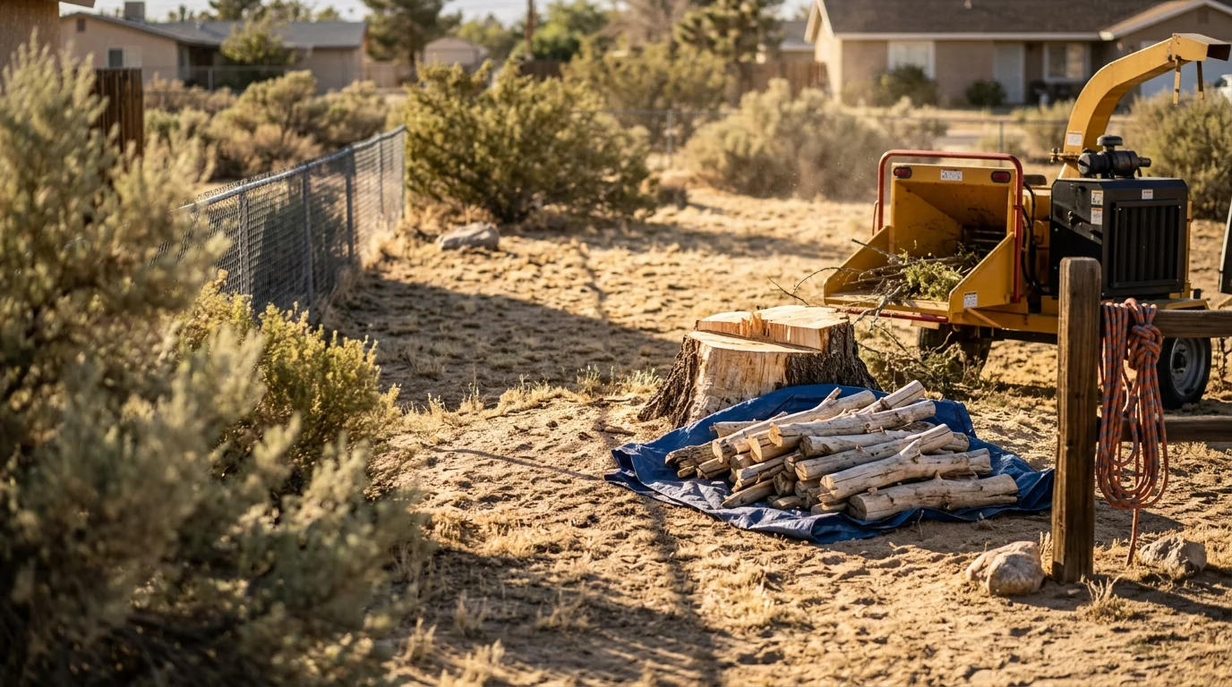 A dead tree being removed from a residential yard in Victorville, California, with dry High Desert landscape visible in the background. The tree trunk shows bare, brittle wood with no foliage, and debris is staged for cleanup on the property.