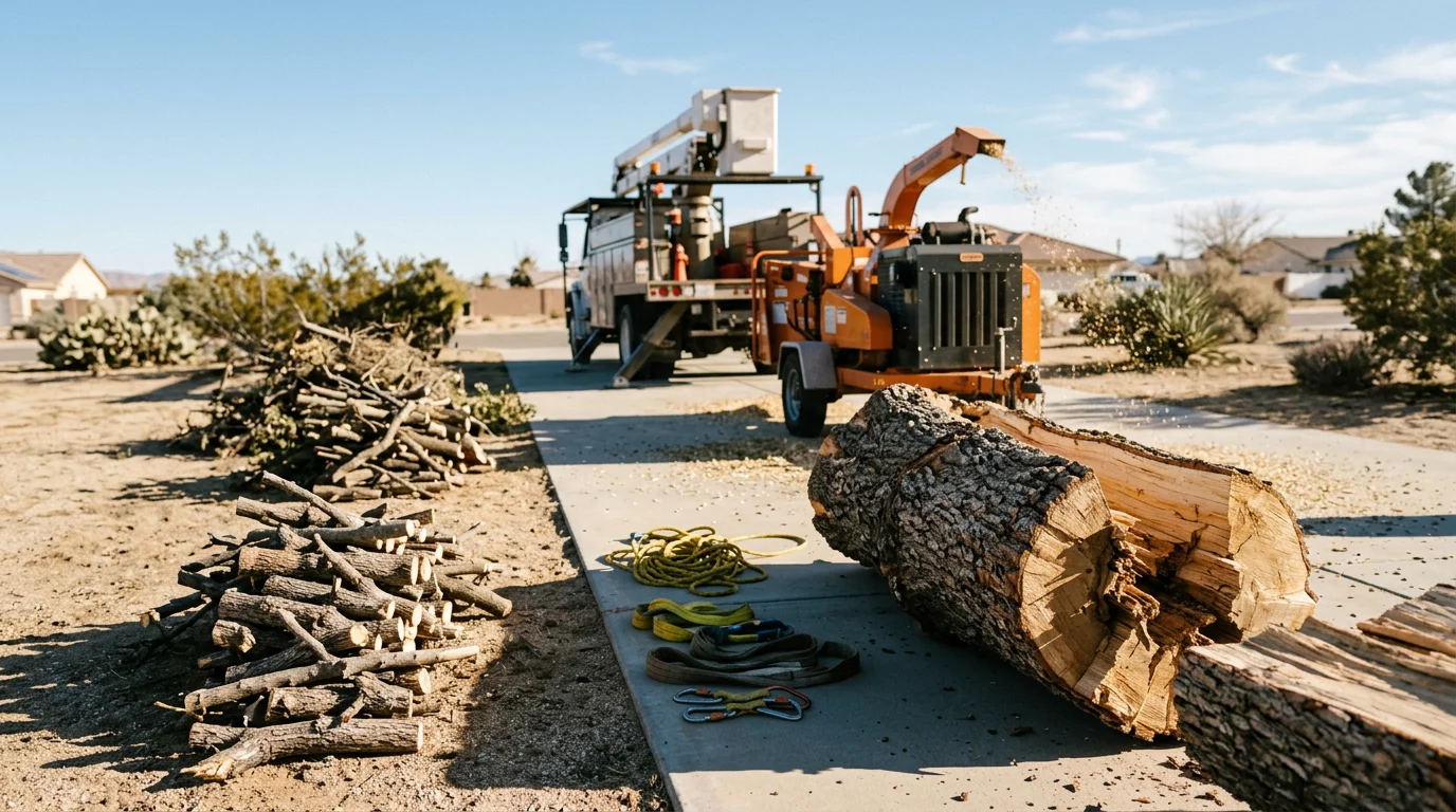 A large fallen tree removed from a residential property in Victorville, California, with the yard cleared of debris and the home structure visible and undamaged in the background.