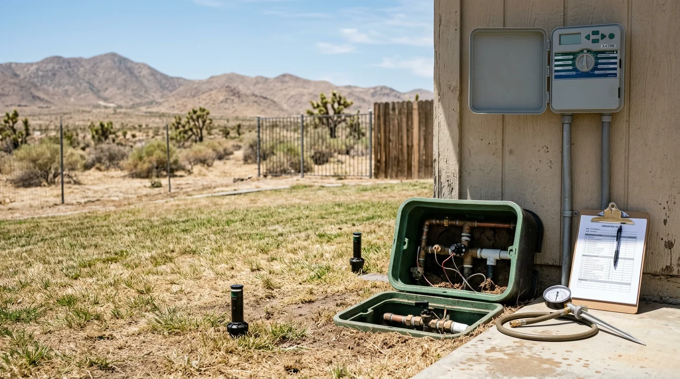 A Lucas Green Gardens technician inspecting a residential sprinkler head and valve box in a Victorville backyard. The High Desert landscape and dry summer conditions are visible in the background.