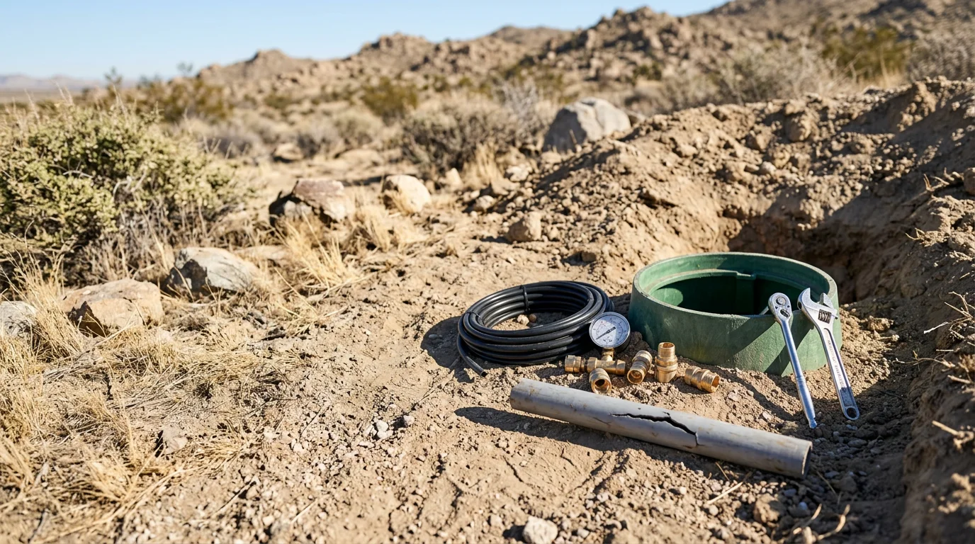 A repaired residential sprinkler head spraying an even arc of water across a green lawn in Victorville, California. A technician kneels nearby adjusting a valve box in dry, sandy High Desert soil.