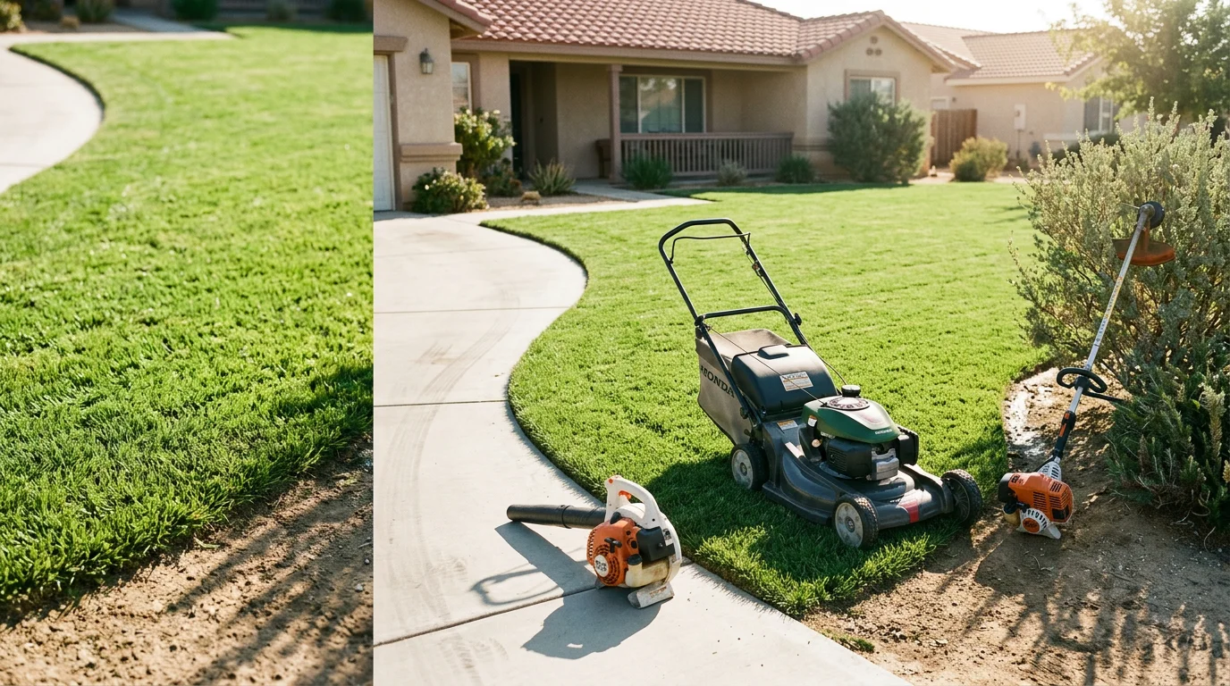 A neatly mowed and edged residential lawn in Victorville, California, with clean borders along a concrete walkway and dry desert surroundings visible in the background. A lawn care professional from Lucas Green Gardens finishes blowing clippings from the driveway after a monthly maintenance visit.