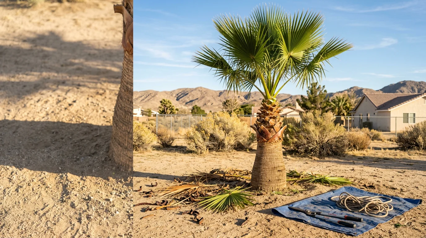A tall palm tree with freshly trimmed fronds and a clean trunk in a residential front yard in Victorville, California. Dead fronds and seed pods have been removed, leaving a neat canopy against a clear High Desert sky.