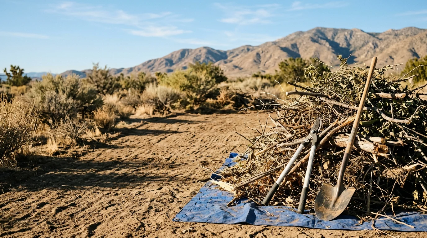 A Victorville residential yard after a full property cleanup, showing cleared ground, removed debris piles, and trimmed-back overgrown vegetation along a dry desert landscape.