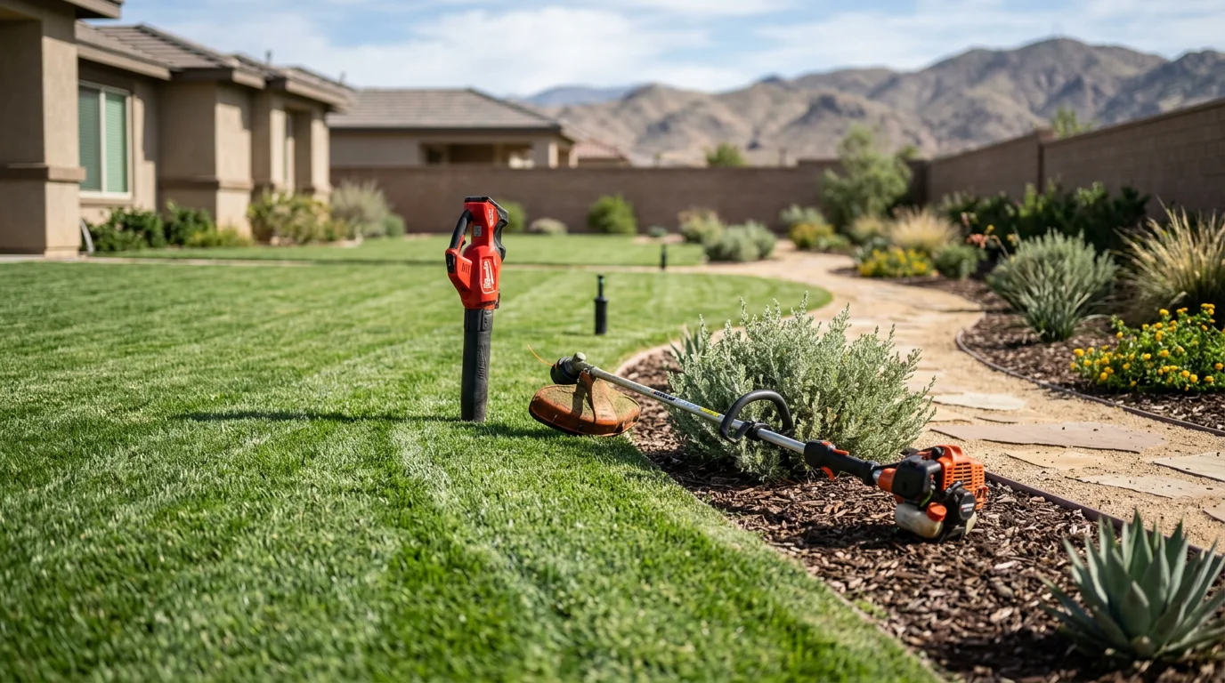 A neatly mowed and edged residential front lawn in Victorville, California, with clean turf lines and trimmed borders on a sunny High Desert day. Lucas Green Gardens crew maintaining a home lawn in the Victorville service area.