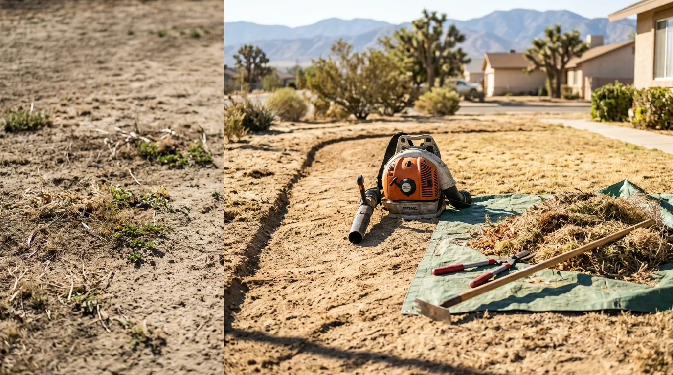 A Victorville residential front yard after seasonal lawn cleanup, showing cleared debris, trimmed edges, and tidy turf beds against a dry High Desert backdrop. Lucas Green Gardens crew equipment visible on the driveway.