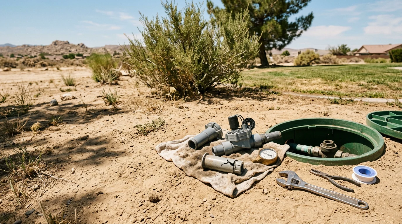 A sprinkler head being repaired in a dry Victorville residential lawn, with sandy High Desert soil visible around the base. A technician adjusts the head to restore full coverage across the yard.