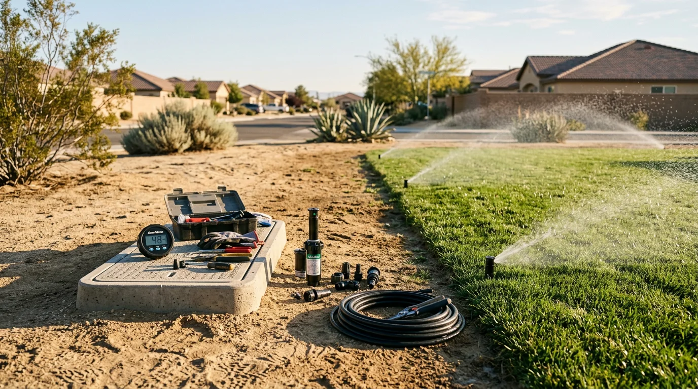 A Lucas Green Gardens technician adjusting a sprinkler head in a residential front yard in Victorville, California. Green lawn zones visible in the background under bright desert sunlight.