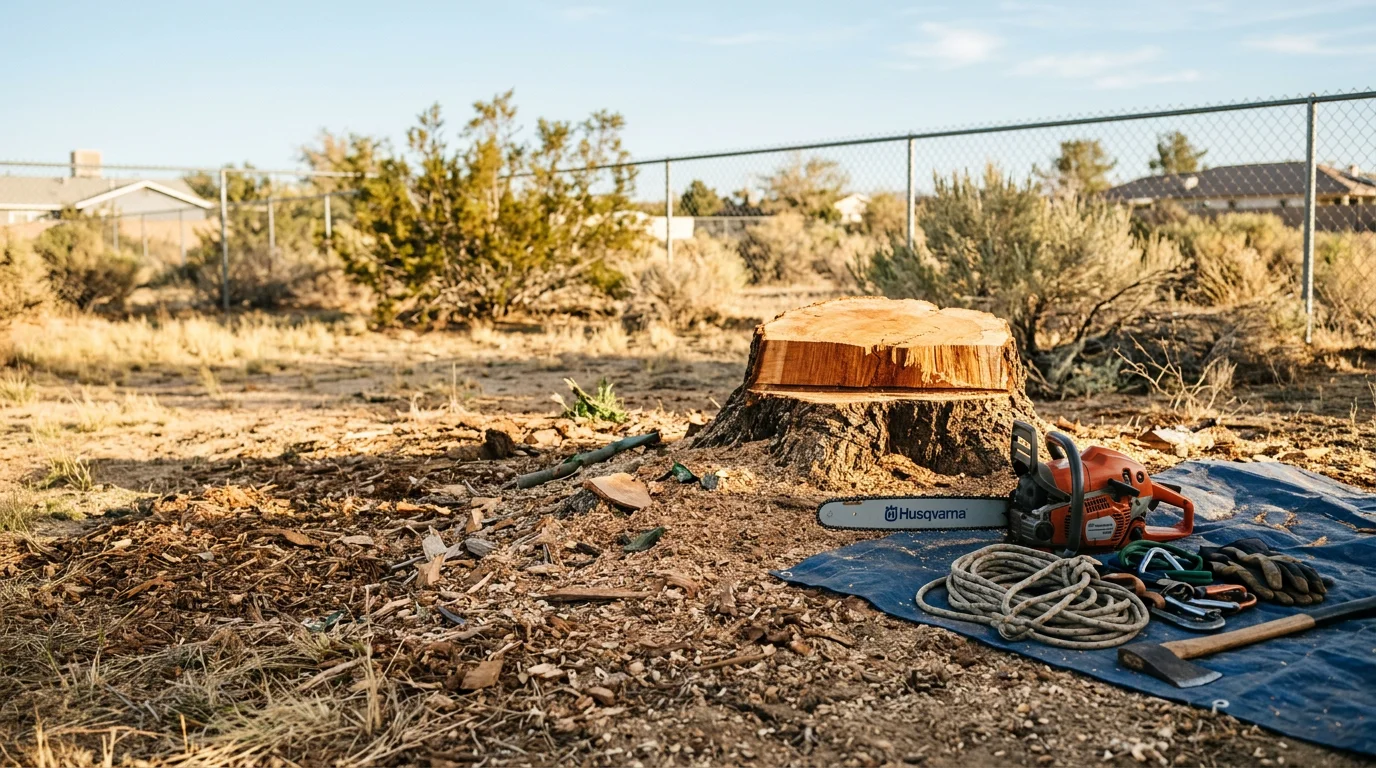 A large tree stump and cleared yard on a residential property in Victorville, California, after a full tree removal. Debris has been hauled away and the surrounding lawn and fence are undamaged.