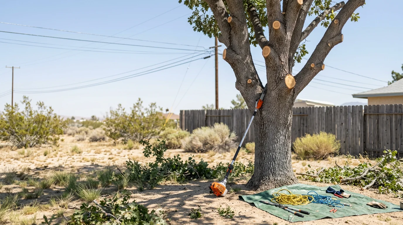 A trimmed shade tree in a Victorville residential yard with a clean, shaped canopy and cleared branches near the roofline. A tree service crew from Lucas Green Gardens works on-site with the High Desert landscape visible in the background.